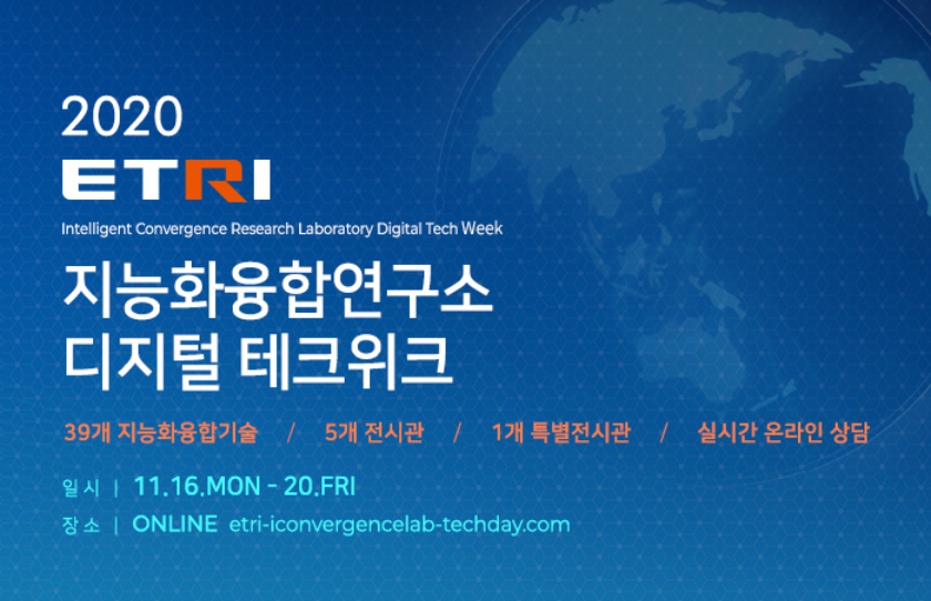 2020 ETRI Intellignet Convergence Research Laboratory Digital Tech Week 지능화융합연구소 디지털 테크위크 39개 지능화융합기술, 5개 전시관, 1개 특별전시관, 실시간 온라인 상담, 일시 11.16.MON - 20.FRI, 장소 ONLINE